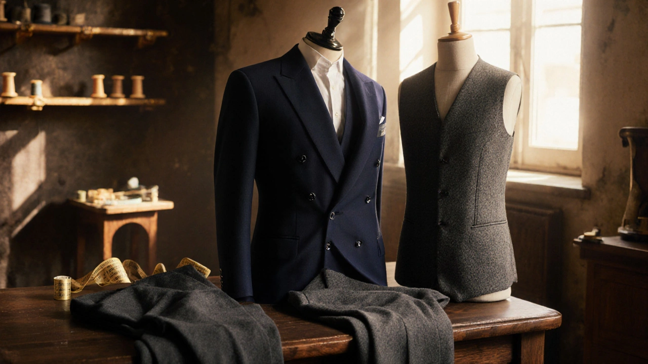 Nom des trois pièces d'un costume : veste, pantalon et gilet