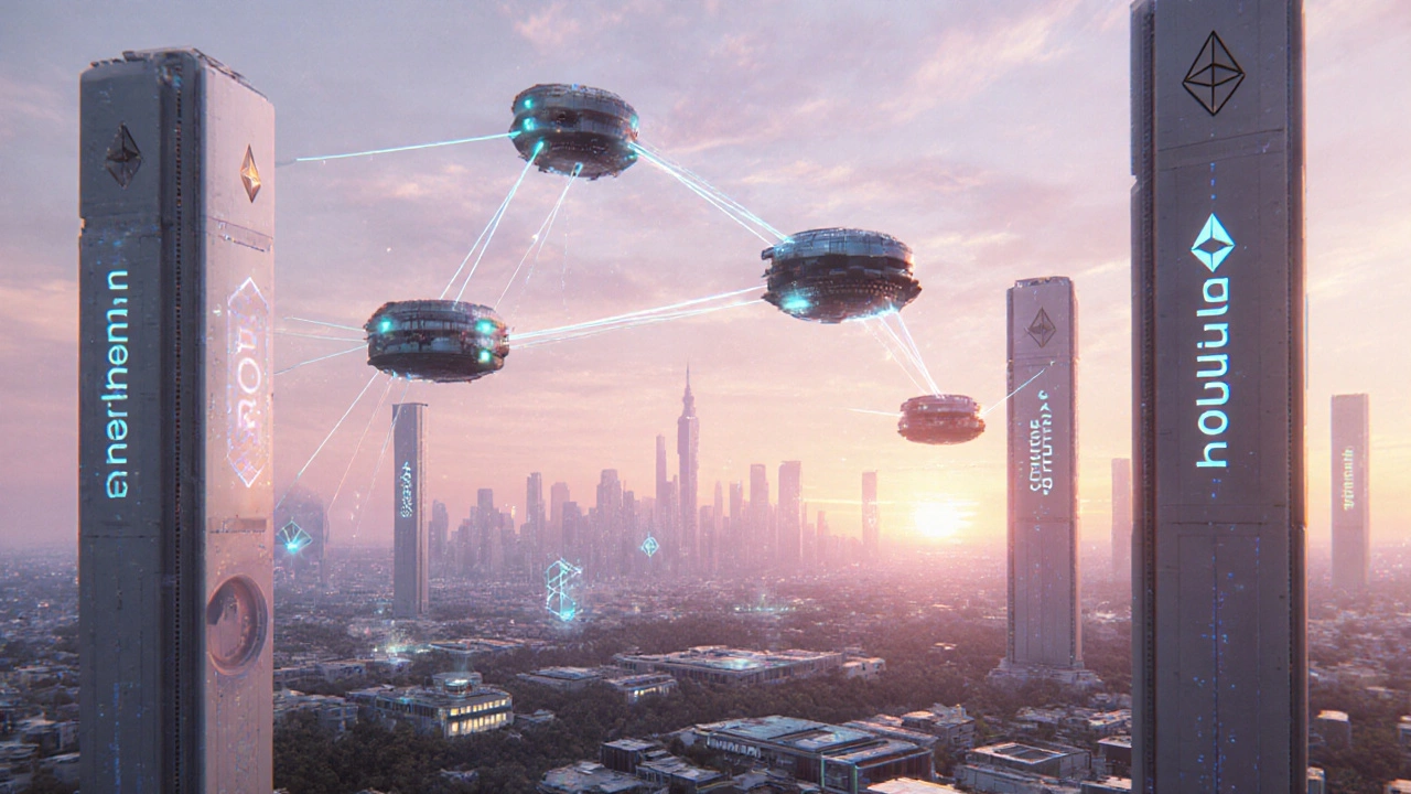 Peinture numérique d’une ville futuriste avec des pods rollup connectés par des flux de données.