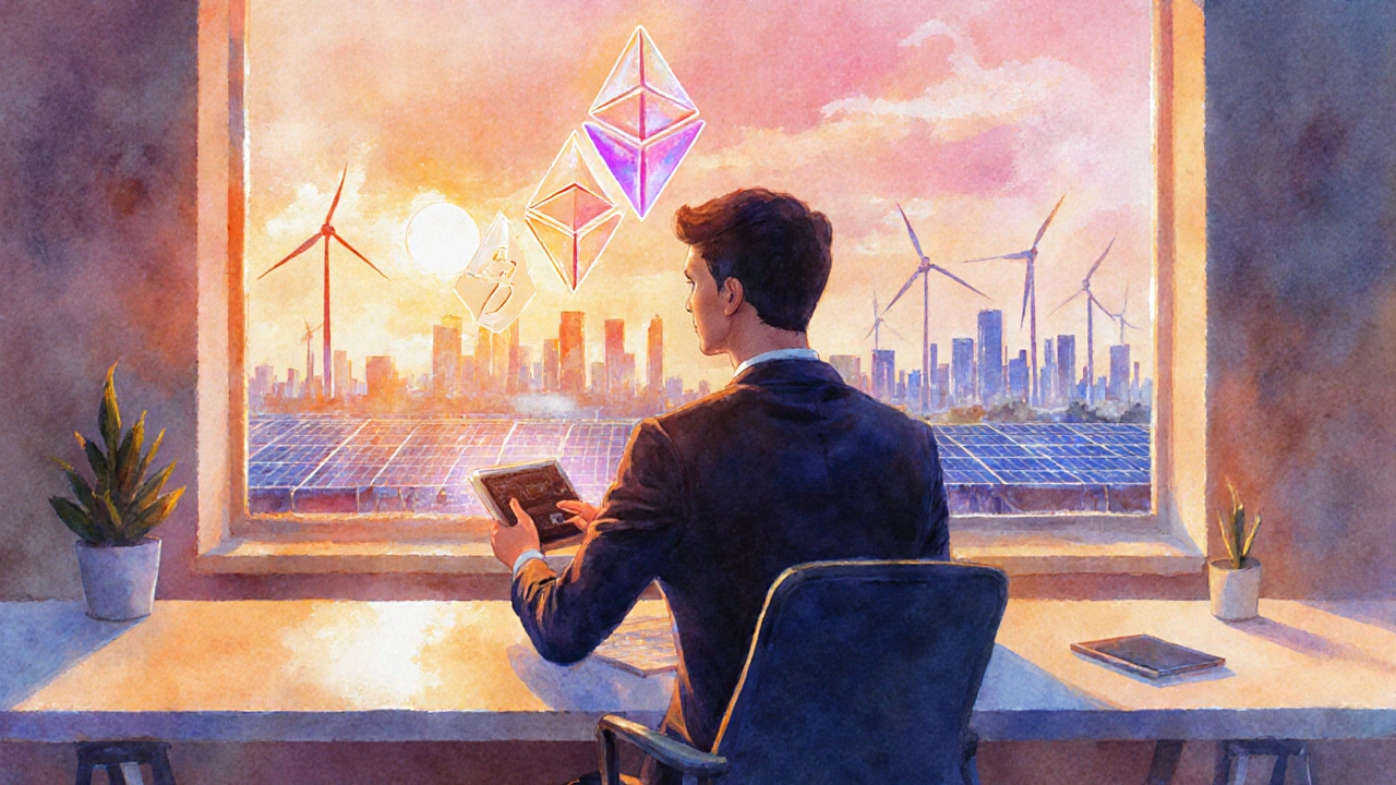 Scène futuriste d’un investisseur surveillant son staking ETH via un portefeuille hardware, entouré d’énergies vertes.