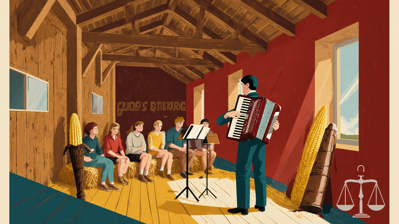 Affiche vintage d'un atelier de musique dans une grange, montrant un professeur avec un accordéon et d'autres instruments.