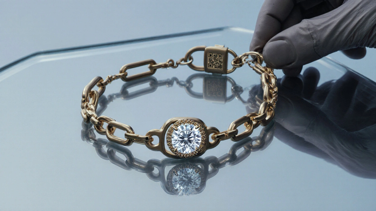 Bijou modulable moderne en or recyclé avec diamant synthétique et QR‑code gravé.