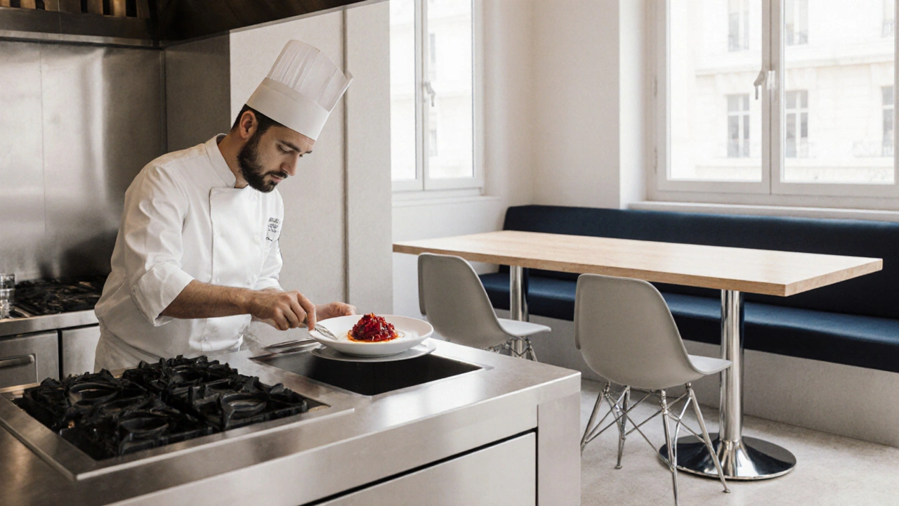 Chef moderne dressant un plat minimaliste dans une cuisine française contemporaine éclairée.