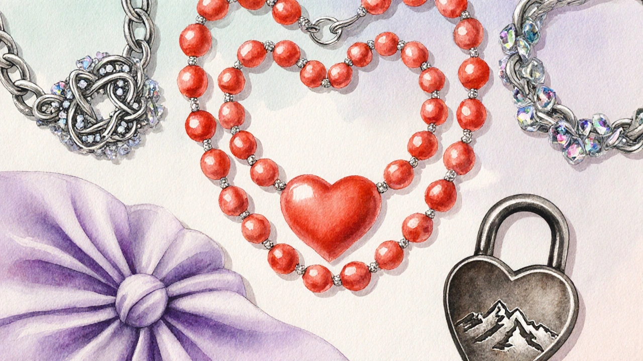 Collection de bijoux d’amour français : collier corail breton, bracelet alsacien, broche provençale, cadenas alpin.