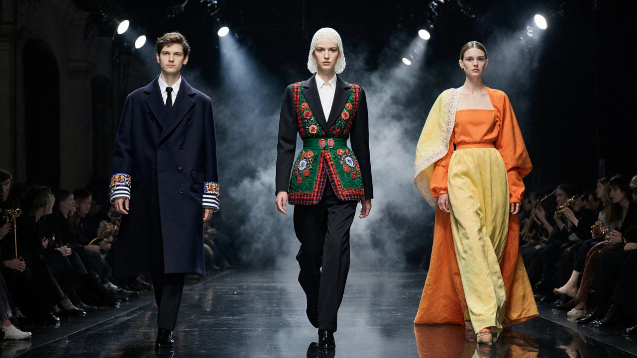 Défilé de mode moderne incorporant motifs de costumes traditionnels français.