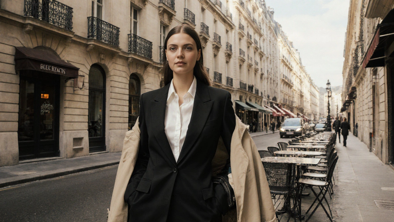 Femme élégante en tailleur noir sur un boulevard haussmannien parisien en fin d'après‑midi.