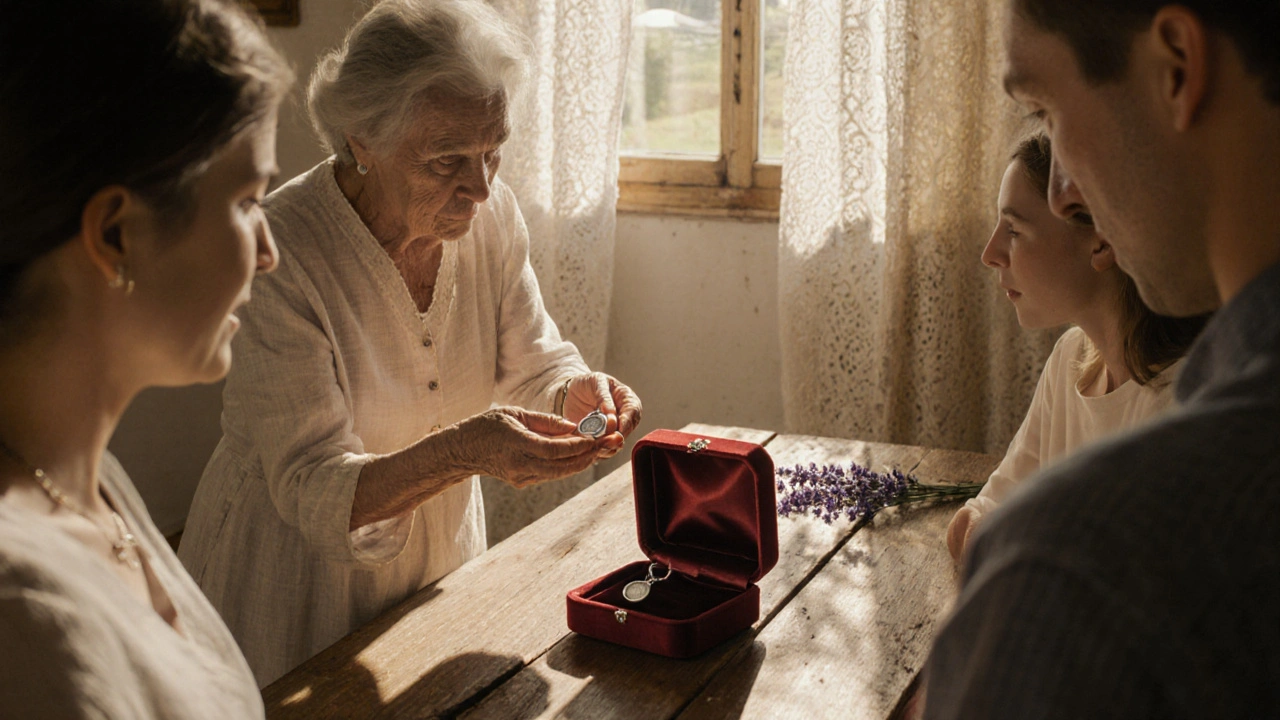 Grand-mère transmet un médaillon d’amour en argent à un jeune couple dans un intérieur chaleureux.
