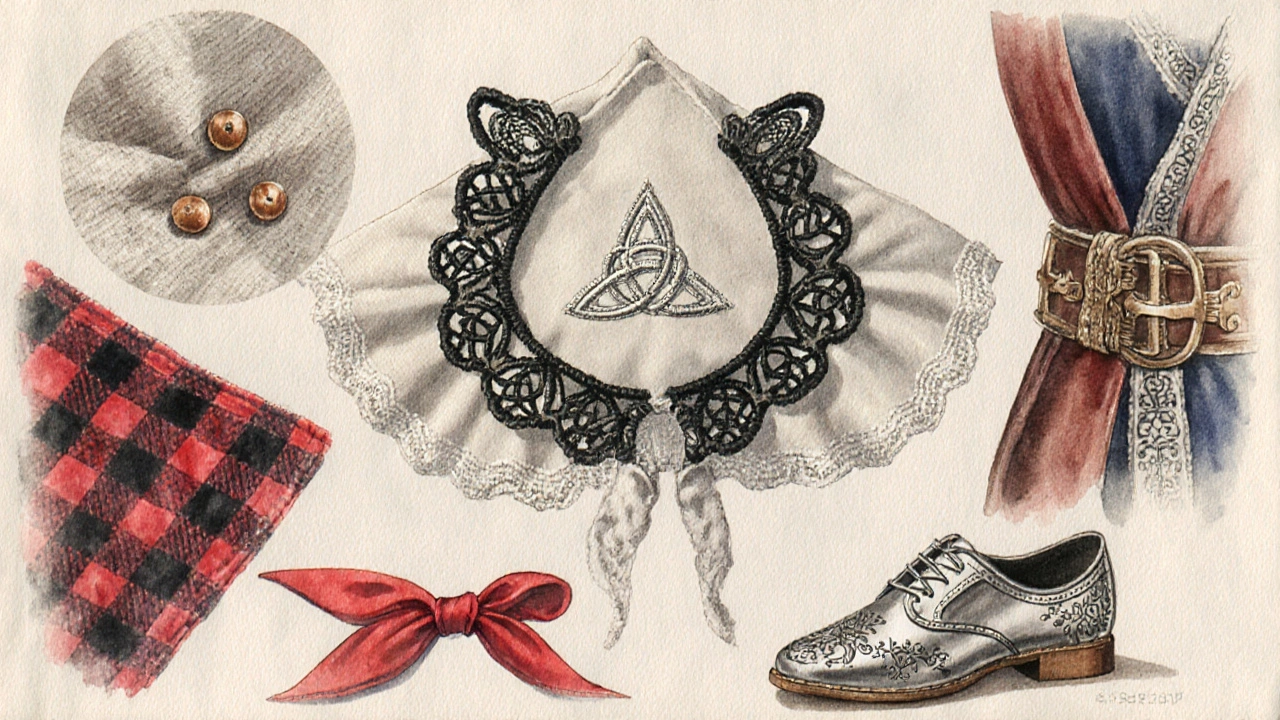Gros plan sur les détails d'authenticité : broderies, dentelles, boutons et tissus des costumes traditionnels français.