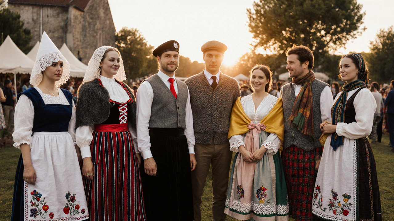 Groupe de six modèles illustrant costumes régionaux français distincts.