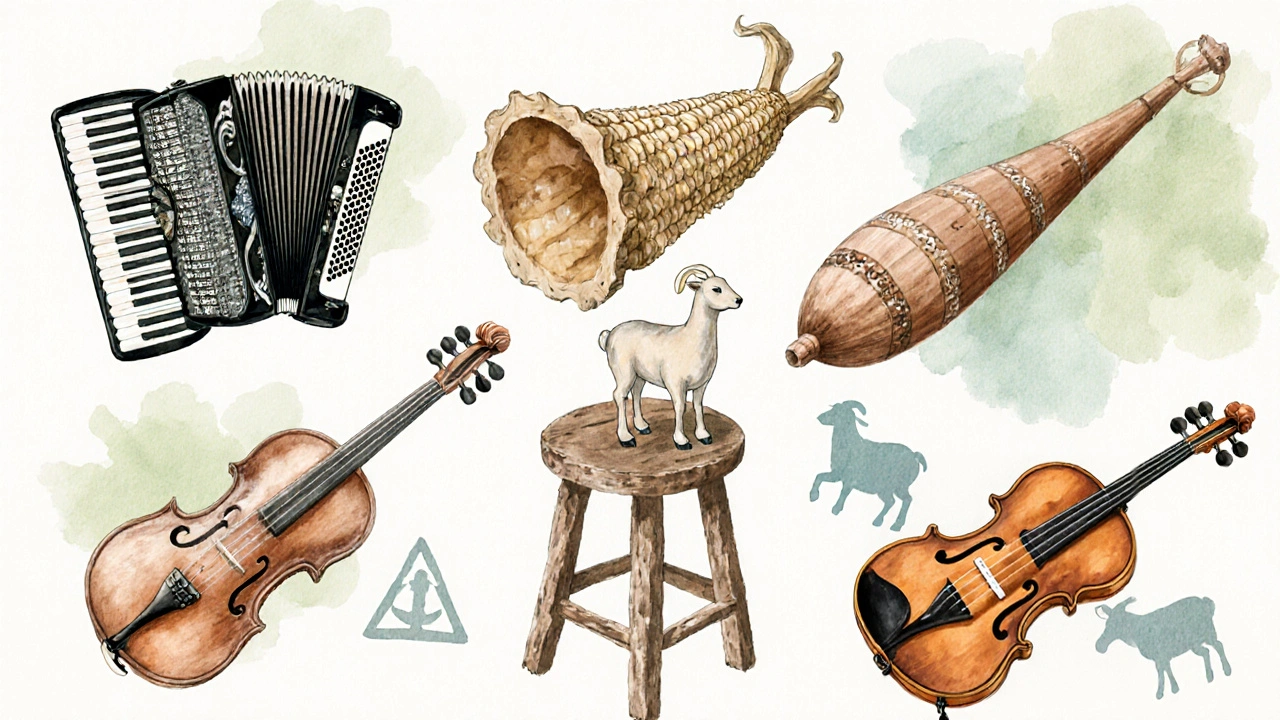 Illustration aquarelle d'un accordéon, d'une cornemuse bretonne, d'une bombarde, d'une cabrette, d'une vielle à roue et d'un violon.