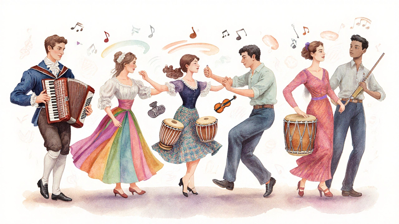 Illustration aquarelle des cinq danses faciles avec leurs instruments typiques.