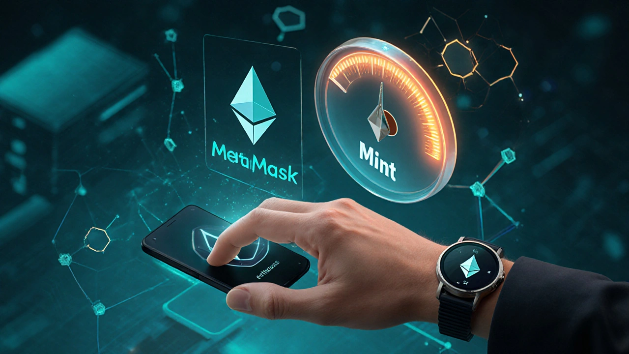 Main qui active un bouton holographique 'Mint' avec logo MetaMask et jauge de gas entourés de symboles Ethereum.