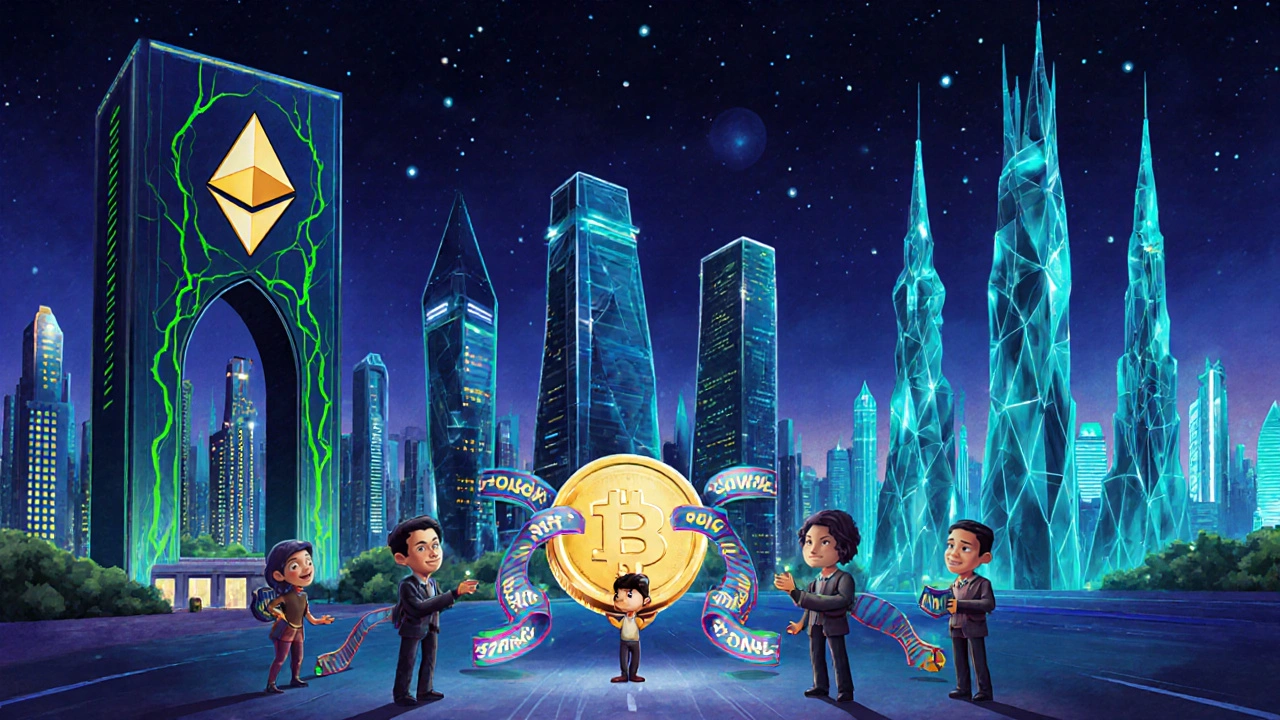 Paysage de trois cités représentant Ethereum, Polygon et Solana, avec créateurs échangeant des NFTs et royalties.