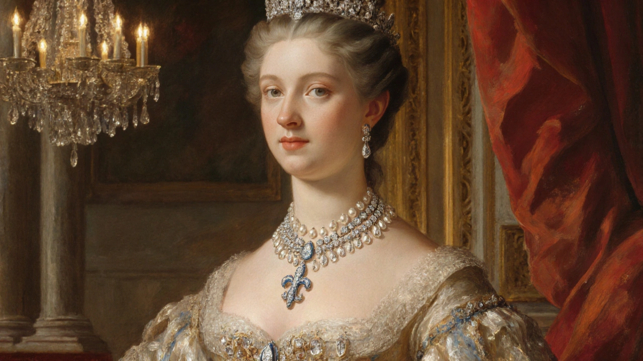 Peinture à l&#039;huile de Marie‑Antoinette portant son collier de diamants lors de son sacre.