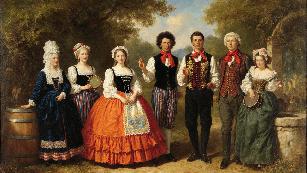 Portrait en plein air d'un groupe de personnes portant des costumes typiques breton, alsacien, provençal, normand, basque et savoyard.