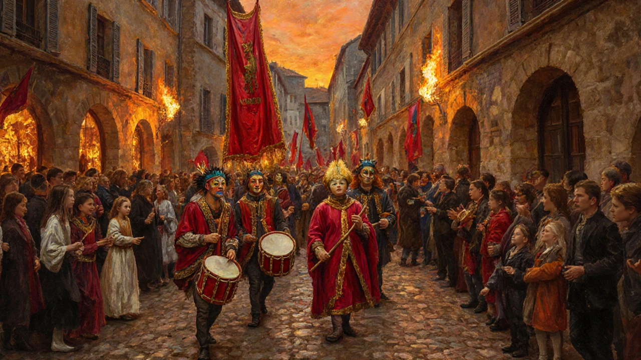 Procession médiévale colorée à Béziers, avec des costumes traditionnels et une foule joyeuse le long des rues pavées.