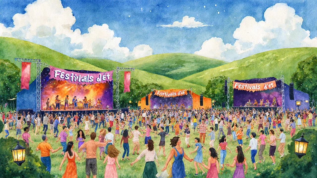 Scène colorée d'un festival de musique d'été en plein air avec des foules et des banderoles 'Festivals'.