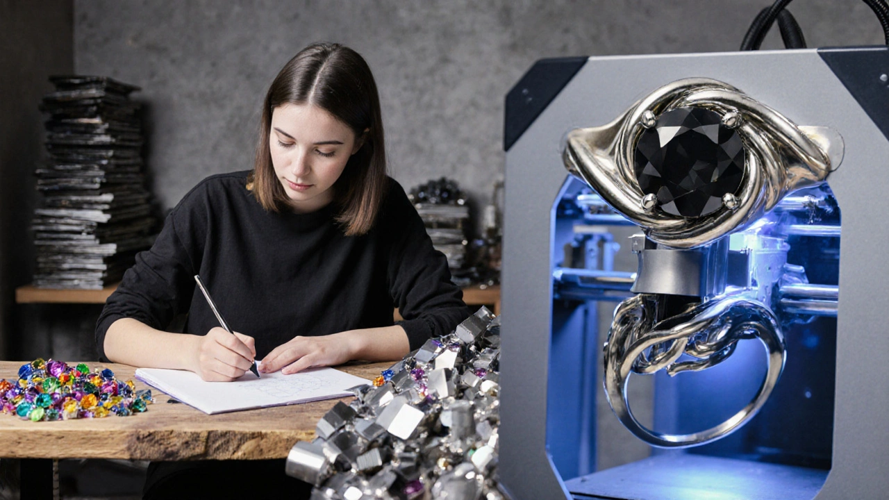 Studio moderne avec designer, métaux recyclés, impression 3D et bague à diamants noirs sur fond industriel.