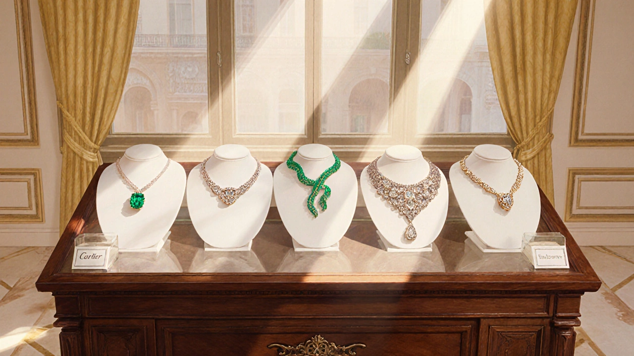 Tableau élégant montrant les pièces emblématiques de Cartier, Boucheron, Van Cleef, Chaumet et Mauboussin dans un magasin parisien.