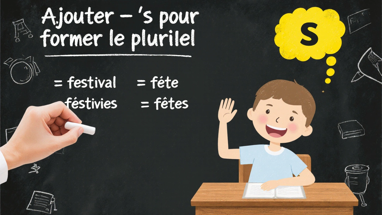 Tableau noir d'une classe avec la règle '-s' et les exemples 'festival → festivals' et 'fête → fêtes'.