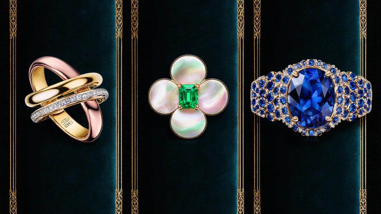 Trio de pièces emblématiques : bague Trinity de Cartier, pendentif Alhambra de Van Cleef & Arpels, collier saphir de Boucheron.