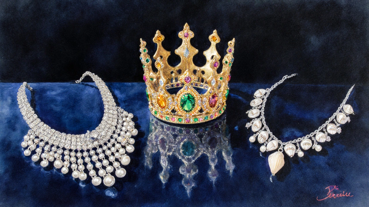 Trois bijoux français légendaires exposés sur un velours bleu, éclairés d&#039;une lueur douce.