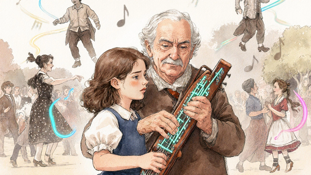 Un aîné enseigne la musette à une jeune fille, symbole de transmission des traditions folkloriques en France.