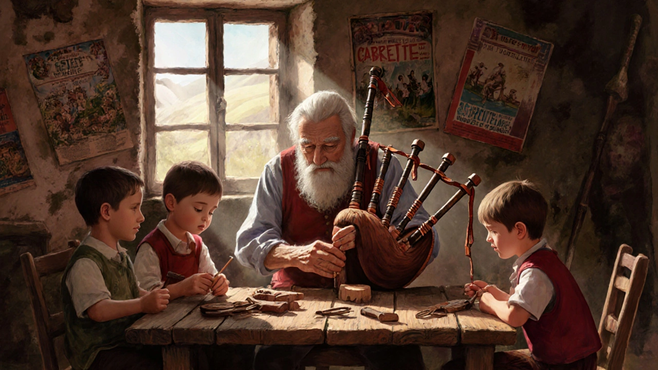 Artisan enseignant à des enfants à jouer la cabrette dans un atelier traditionnel en Auvergne.