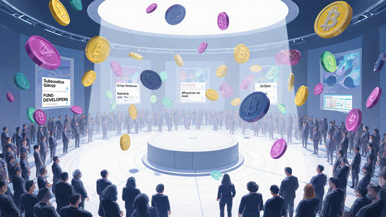 Chambre de vote décentralisée avec des jetons flottants représentant le pouvoir de vote de la communauté.