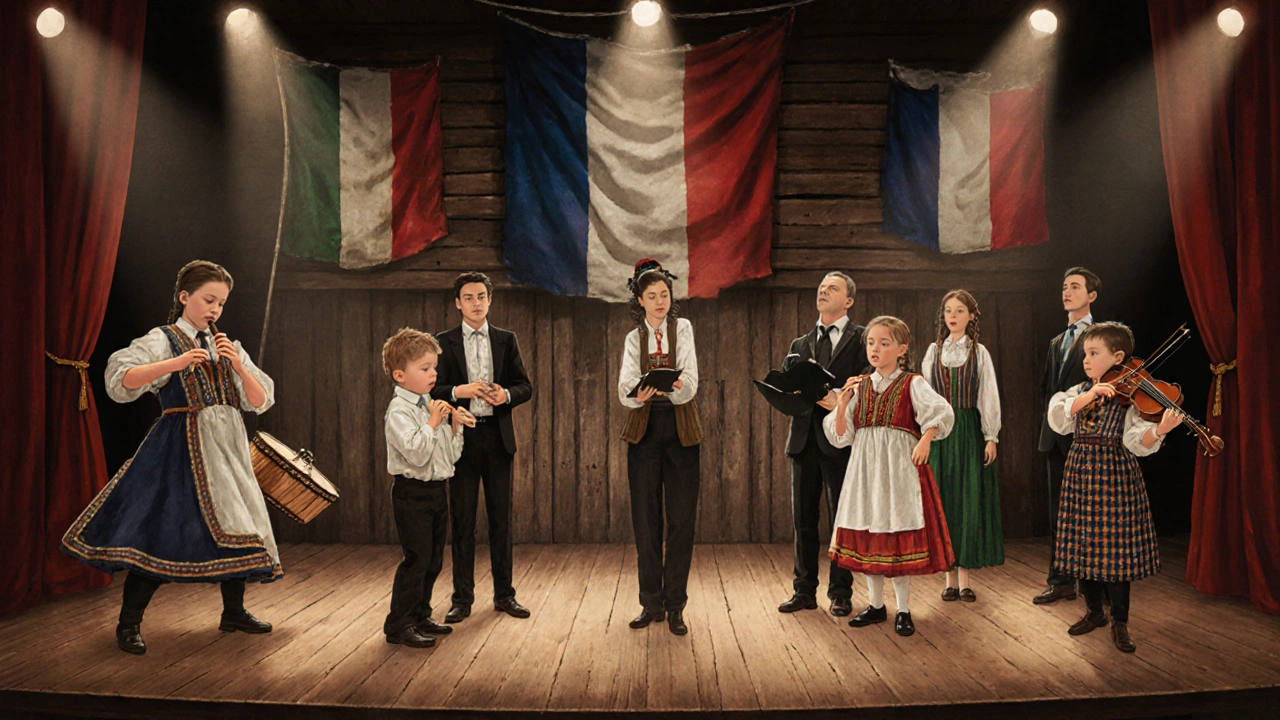 Cinq groupes folkloriques finalistes au concours national de Saint-Étienne en 2025, sous les projecteurs, dans des costumes traditionnels.