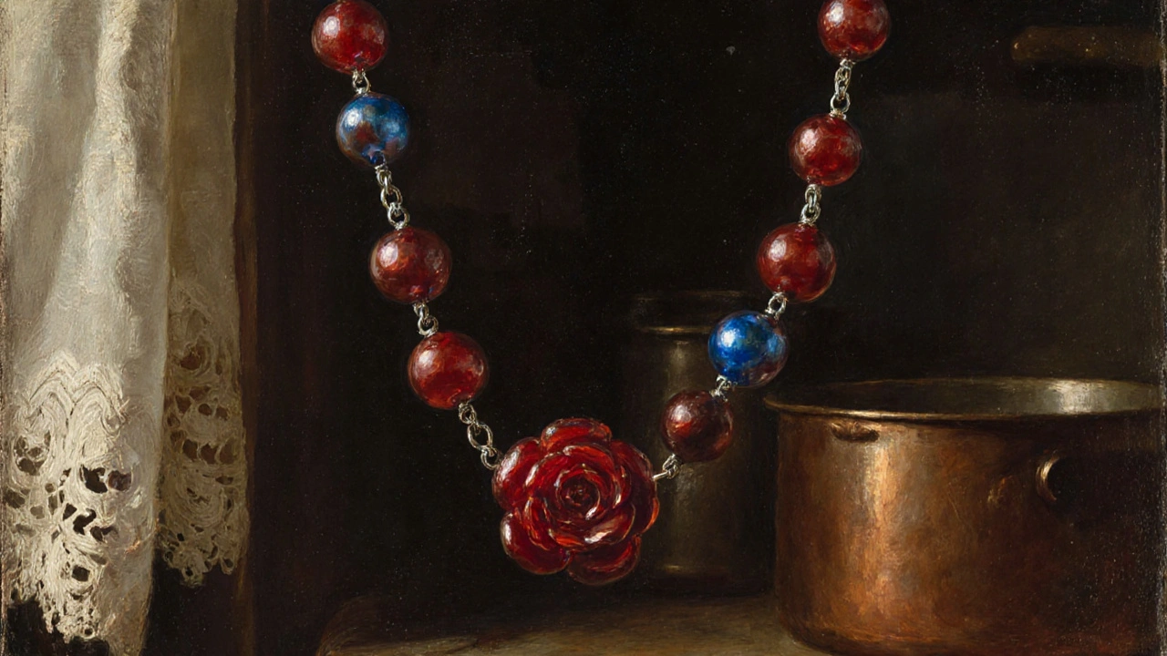 Collier alsacien en perles de verre rouge et bleu, chaîne soudée à la main, style traditionnel.