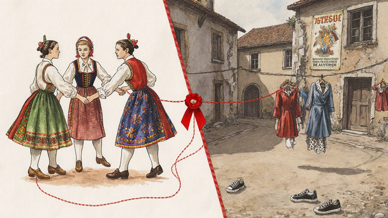 Contraste entre danseurs traditionnels et costumes modernes abandonnés dans un village français déserté.