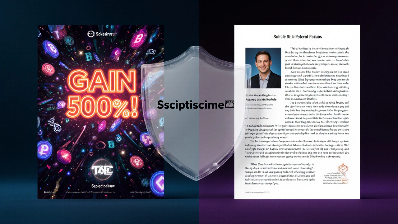 Contraste entre une publicité crypto trompeuse et un whitepaper sérieux.