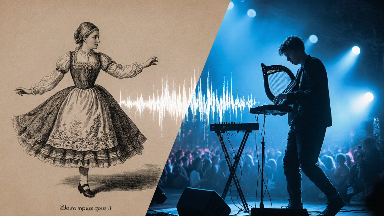 Contraste entre une représentation historique du folklore et une réinterprétation moderne de la musique traditionnelle.