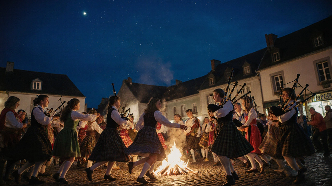 Danseurs en costumes traditionnels bretons tournent en cercle lors d&#039;un fest-noz à Quimper.