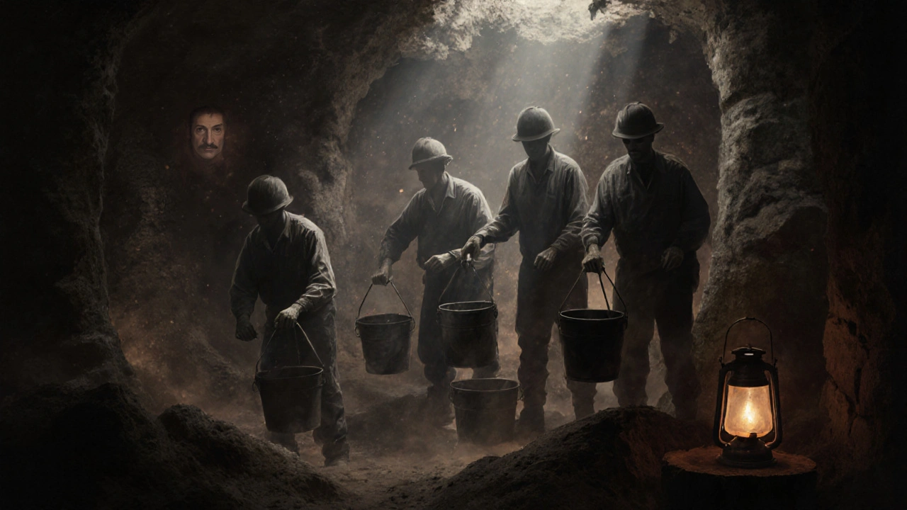 Des mineurs fantômes chantent en rythme dans une mine obscure, leurs voix résonnant dans les ténèbres.