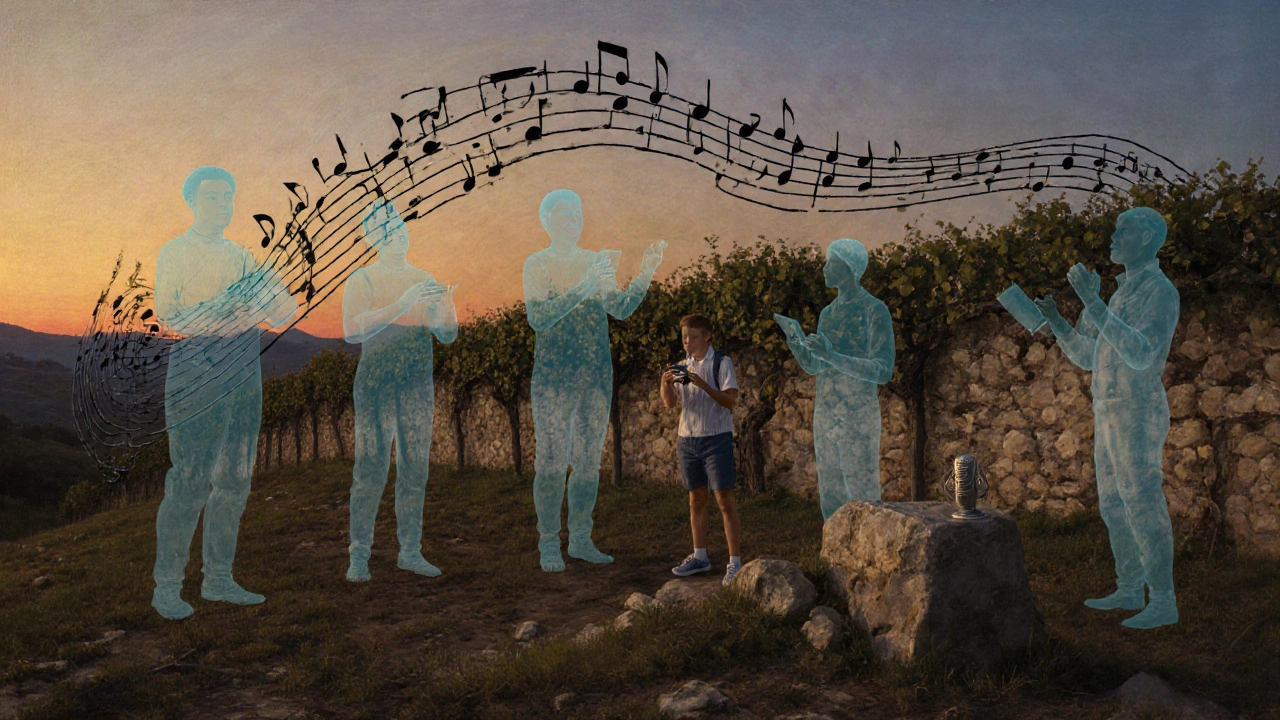 Des silhouettes fantômes de vignerons du XIXe siècle chantent au-dessus d&#039;un mur de vigne, tandis que des adolescents enregistrent leurs mélodies.