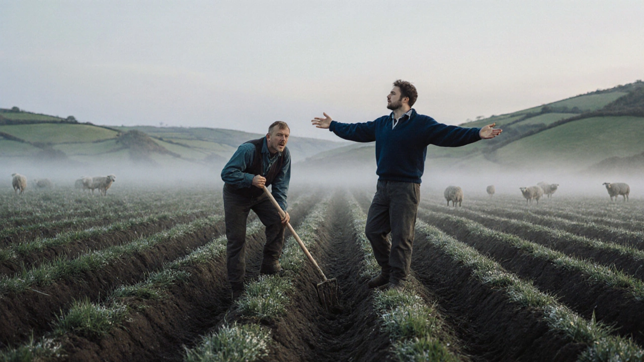 Deux fermiers bretons chantent en réponse l&#039;un à l&#039;autre dans un champ brumeux au lever du jour.