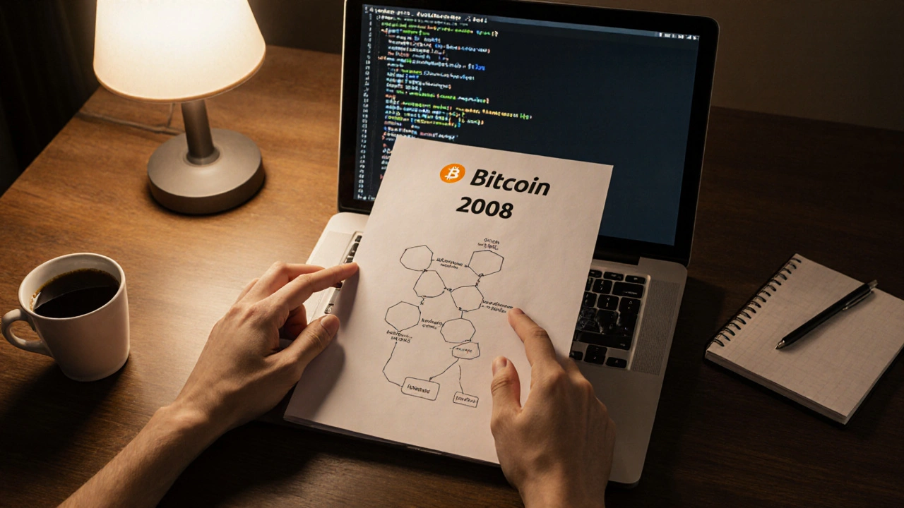 Deux mains examinant un whitepaper Bitcoin imprimé sur une table en bois.