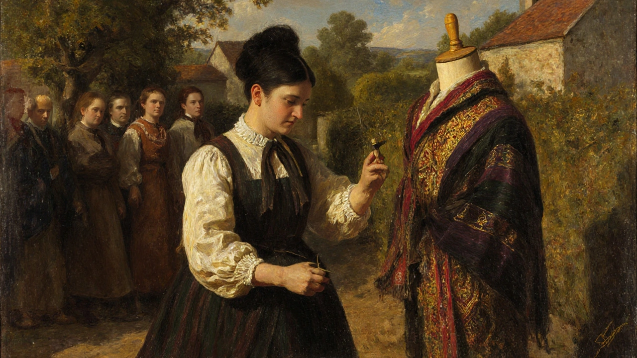 Ethnographes du XIXe siècle assemblant des vêtements régionaux pour créer un costume traditionnel imaginaire.