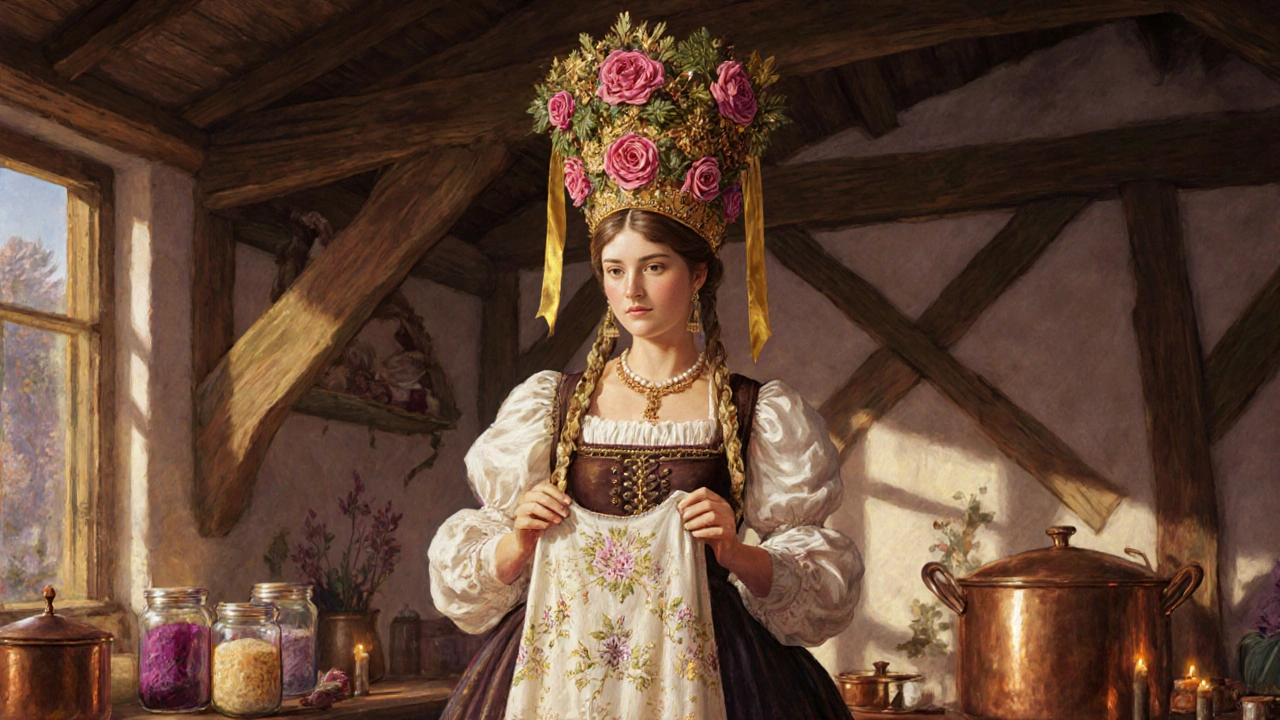 Femme alsacienne en coiffe ornée de rosaces et étoiles brodées, entourée de teintures naturelles.