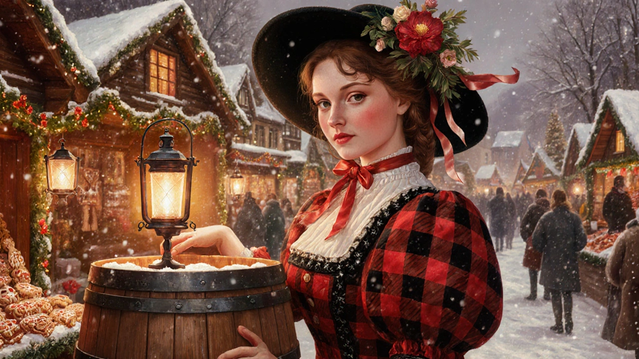 Femme alsacienne en robe carreaux rouges et noirs, avec chapeau en feutre orné de rubans, dans un marché de Noël.