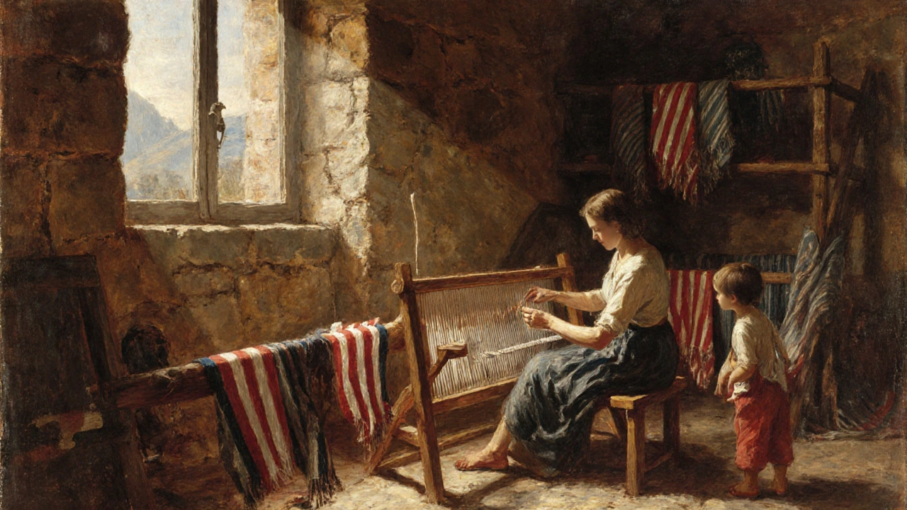 Femme en Corse tissant un sarong sur un métier à tisser, fils rouges et blancs, atelier en pierre.