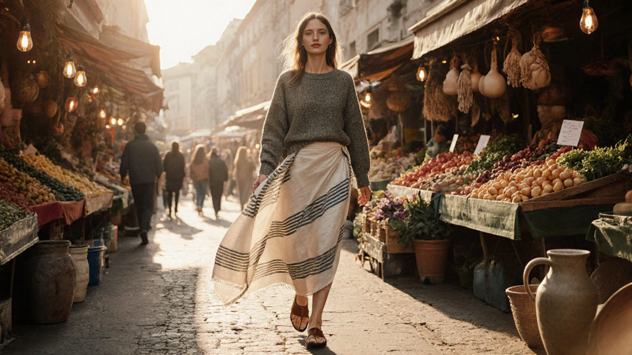 Femme moderne portant un sarong en lin tissé main au marché d&#039;Aix-en-Provence, lumière dorée.