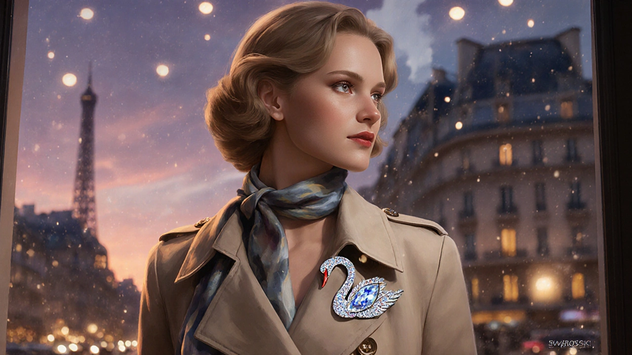 Femme portant une broche en cristal Swarovski en forme de cygne dans une vitrine parisienne.