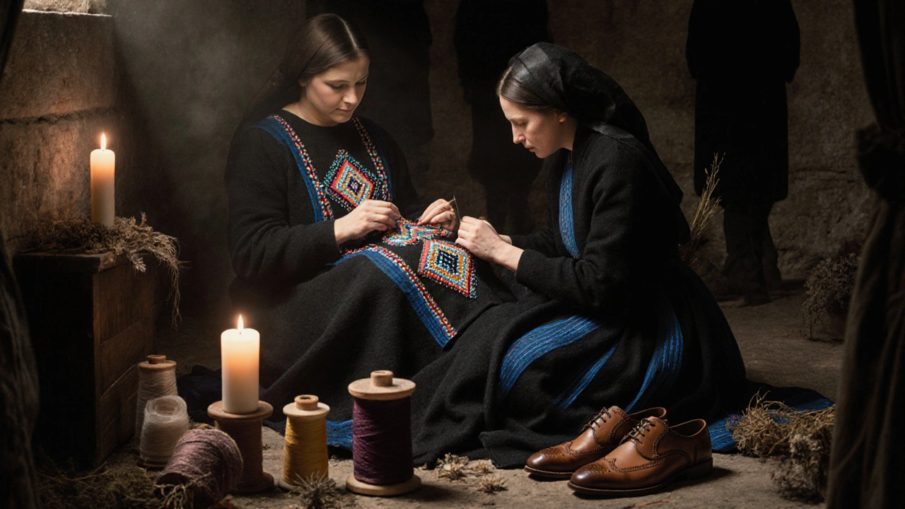 Femmes anonymes brodant des motifs traditionnels à la lueur d&#039;une bougie, transmettant un savoir-faire oral.