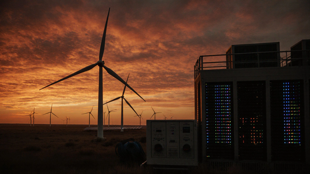 Fermes éoliennes et de minage au Texas au coucher du soleil, avec une infrastructure énergétique connectée.