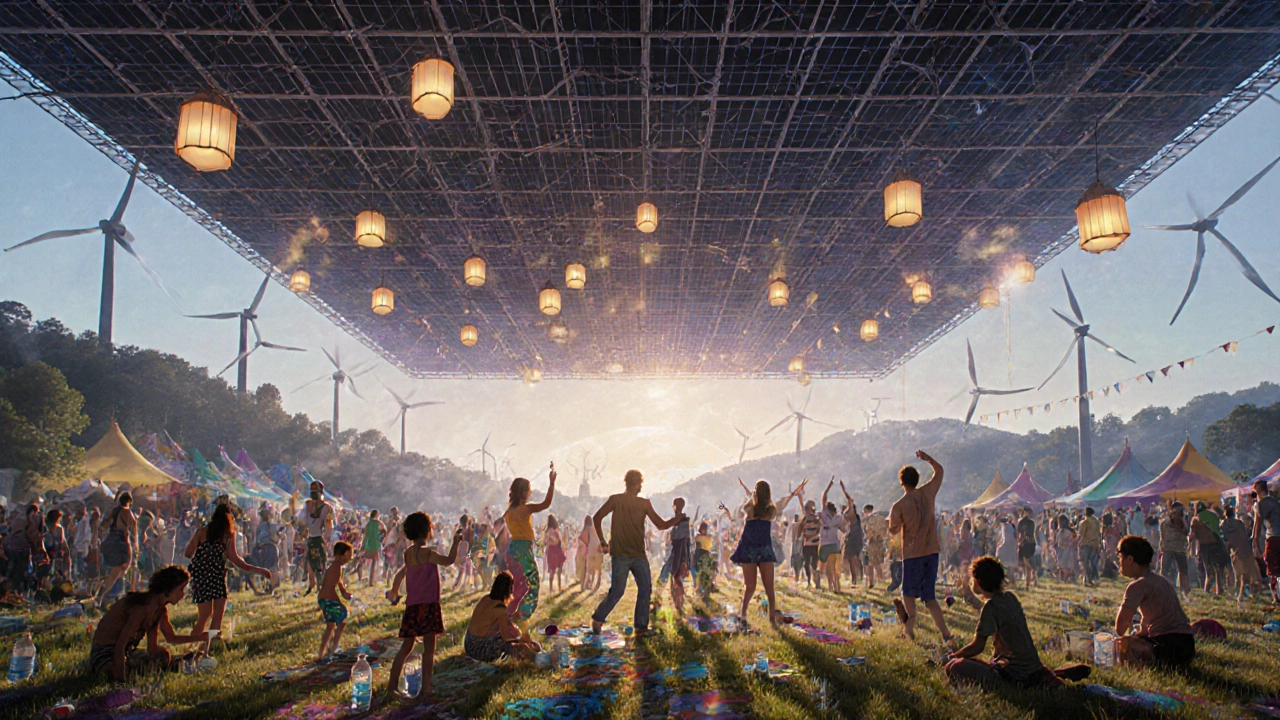 Festival rave légal et écologique en France, avec des gens dansant sous des lanternes solaires et des ateliers communautaires.