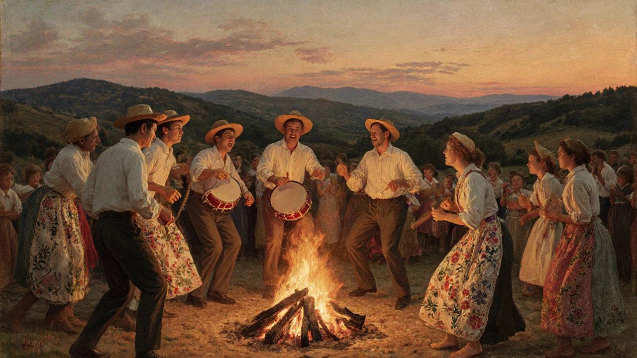 Fête de la Saint-Jean en Provence : hommes et femmes dansent autour d&#039;un feu de joie en costumes traditionnels.