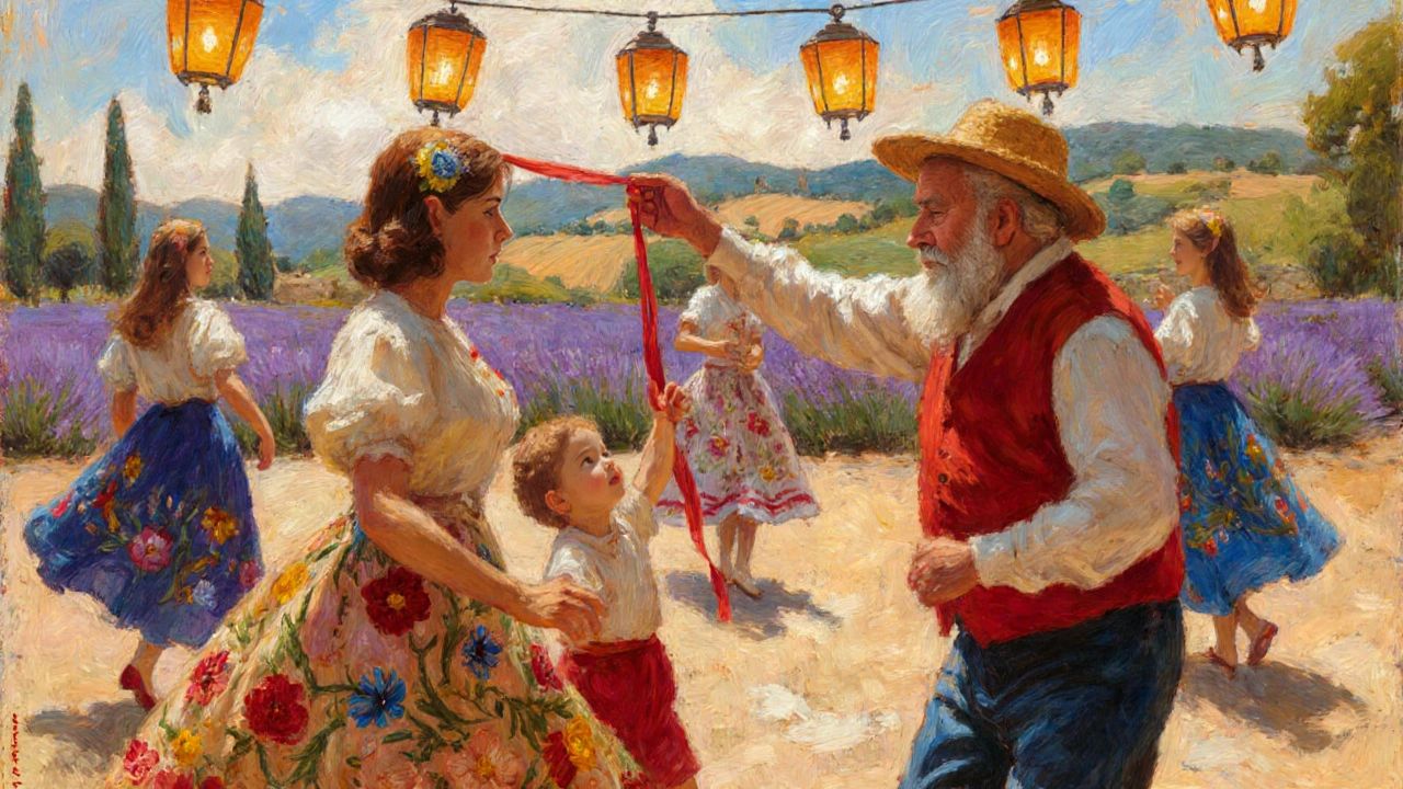 Fête provençale avec femmes en jupes brodées et hommes en gilets rouges, dans une place ensoleillée.