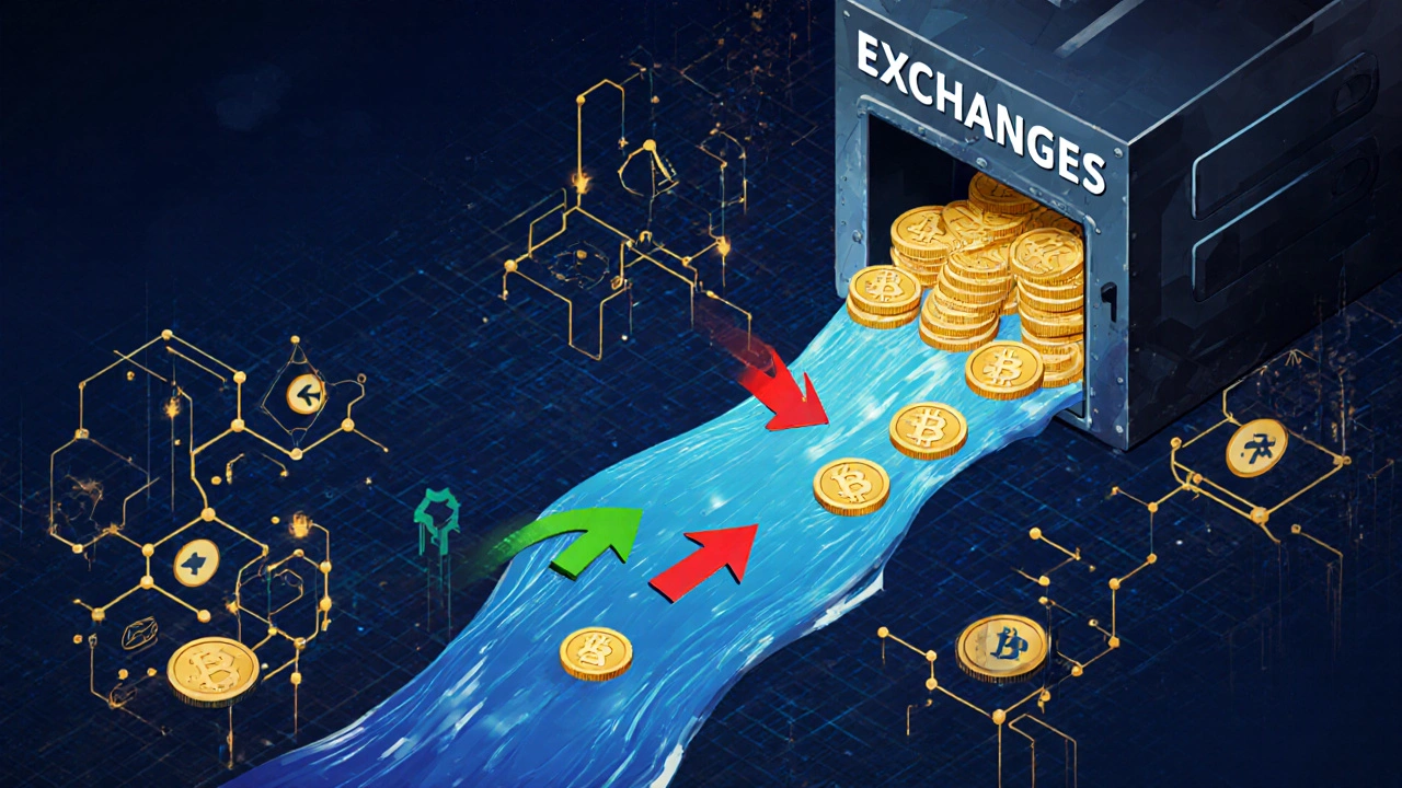 Flux de jetons sortant des échanges vers un réseau décentralisé, illustrant un flux net sortant.
